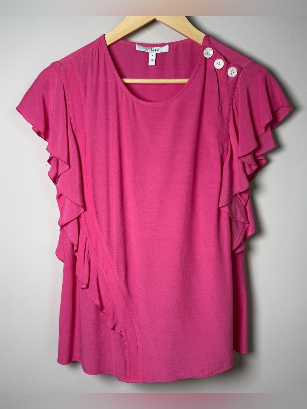 Derek Lam 10 Crosby Flutter Sleeve Ruffle Blouse Hot Pink Dopamine Dressing - 4